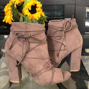 Faux suede peeptoe booties with ties